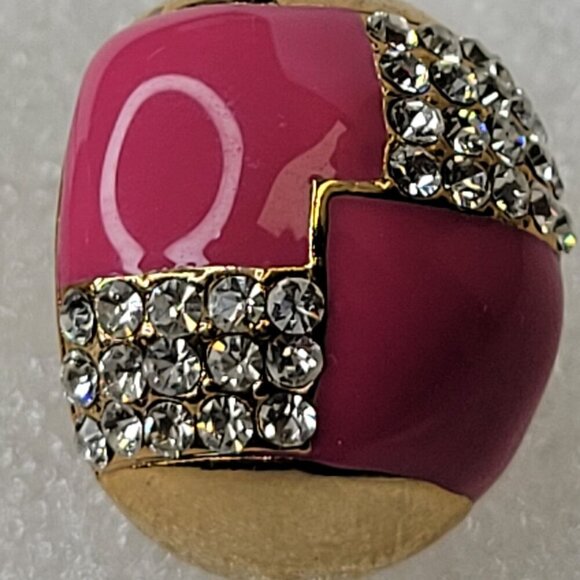 Pink And Gold Oval Small Earrings with Clear Crystals Small Fuschia Earrings - Picture 5 of 8